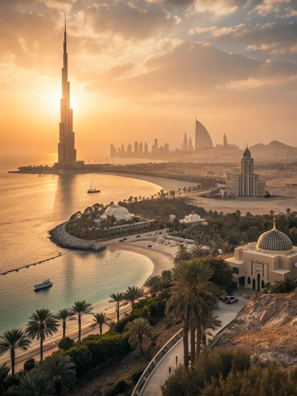 A scenic view of a popular travel destination in the UAE, showcasing its natural beauty and cultural landmarks, captured during golden hour.
